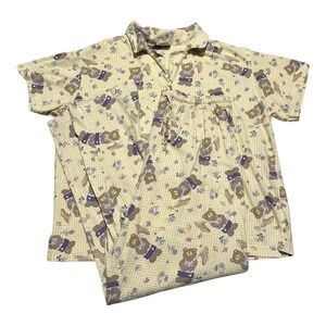 Vintage 90s Basic Editions Teddy Bear Yellow Sleepwear Set Women's Large